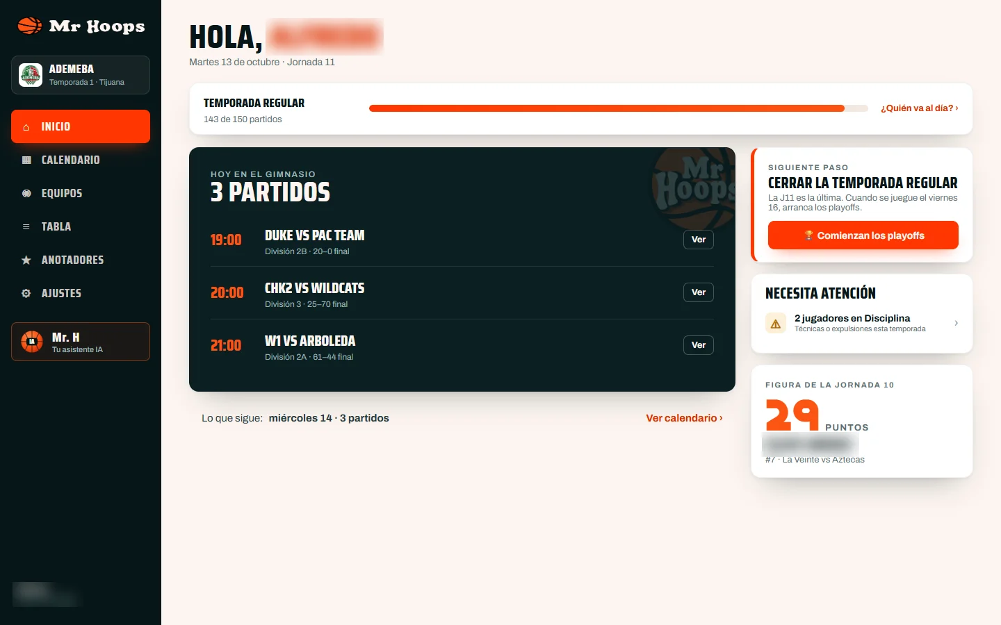 MrHoops admin panel showing the day’s games